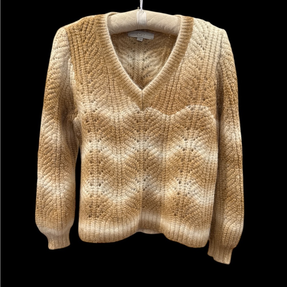 Ann Taylor LOFT Champagne V Neck Chunky Cable Knit Wool Blend Sweater Large